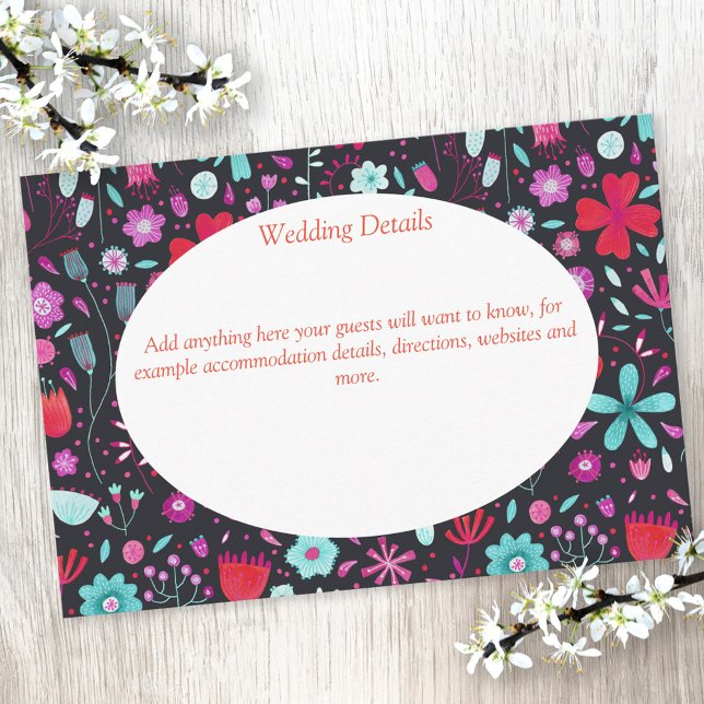 Blume Meadow Watercolor Dunkle Hochzeitdetails Begleitkarte (Dark floral custom wedding details card)