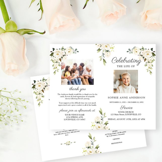 Blume Memorial Beerdigung Service Foto Programm (white flowers celebration the life, photos celebrating the life, trendy floral celebrating the life)