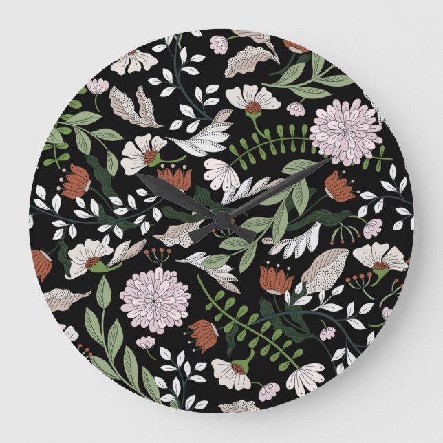 Blume mit antiken Gravierungen handbemalt Große Wanduhr (Vorderseite)