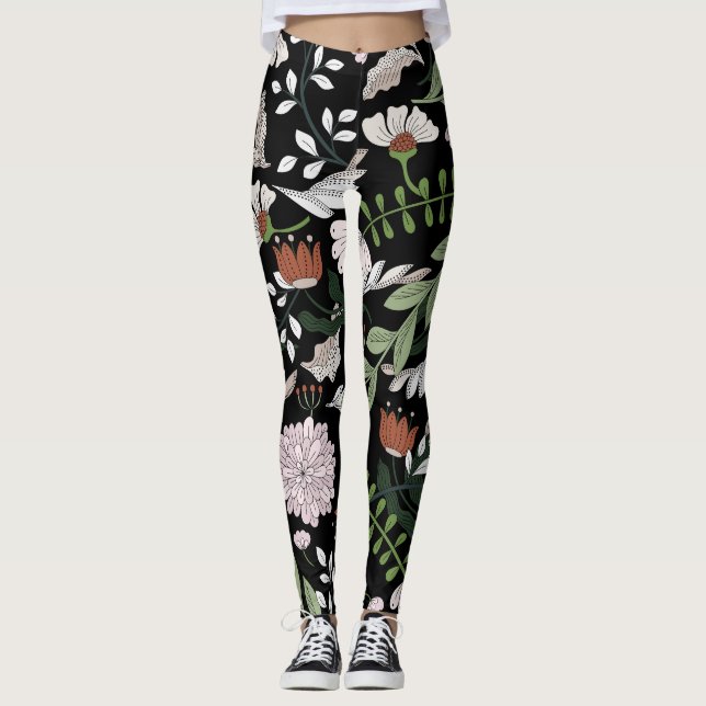 Blume mit antiken Gravierungen handbemalt Leggings (Vorderseite)