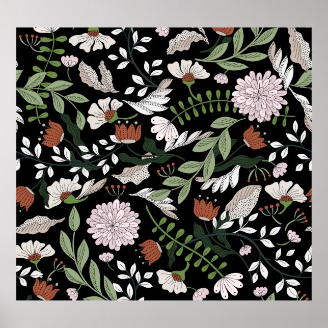 Blume mit antiken Gravierungen handbemalt Poster (Vorne)