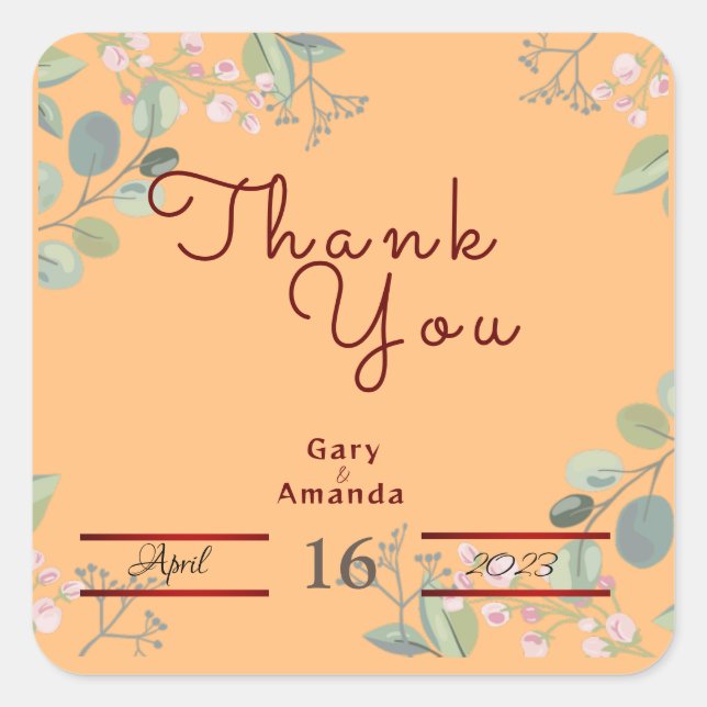 Blume mit Blätter Quadratischer Aufkleber (Vorderseite)