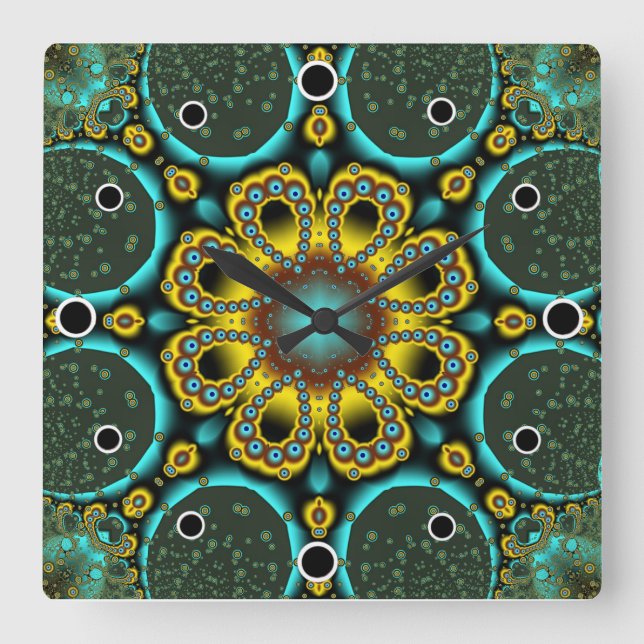 Blume mit blauem Fraktal Quadratische Wanduhr (Vorderseite)
