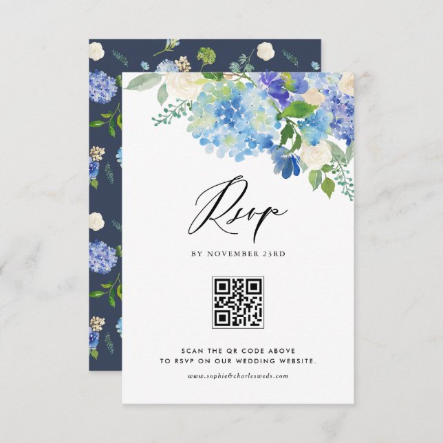 Blume mit blauem Hydrangea, die QR-Code einhalten RSVP Karte (Vorne/Hinten)