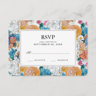Blume mit blauen und orangefarbenen Händen - Hochz RSVP Karte