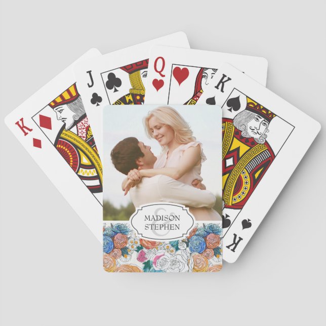 Blume mit blauen und orangefarbenen Händen - Hochz Spielkarten (Rückseite)