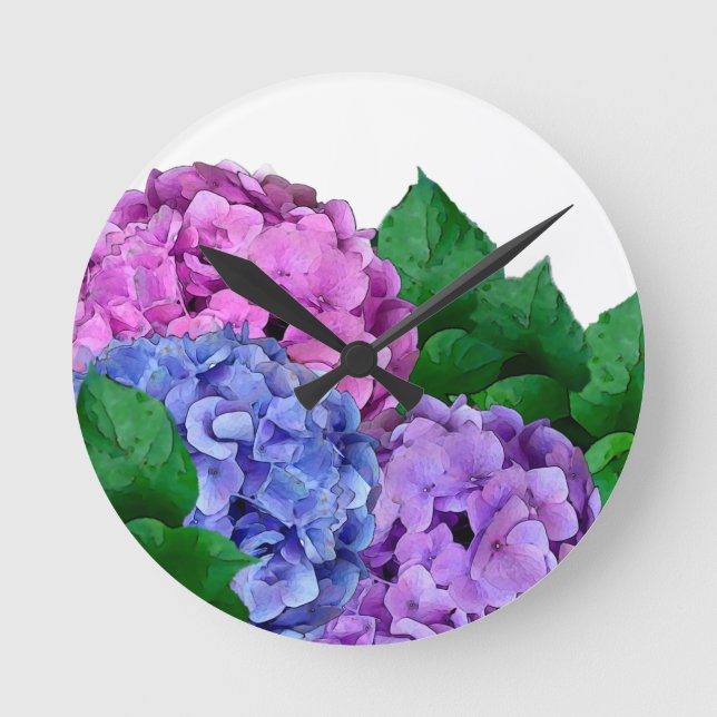 Blume mit Blauer und Rosa Hydrangea  Runde Wanduhr (Vorderseite)