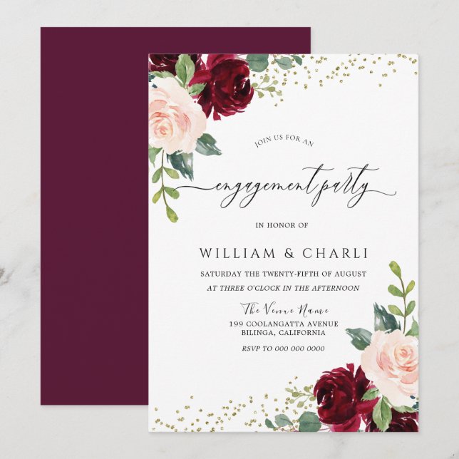 Blume mit Burgund und Blush Glitzer-Engagement Einladung (Vorne/Hinten)