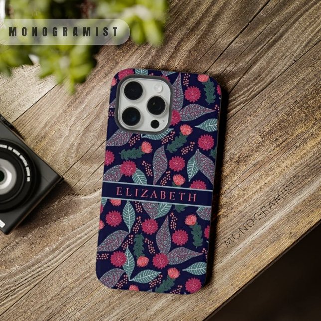 Blume mit dunkelblauem grünem Blumenrosa iPhone Hülle (Customizable Dark Blue Green Floral Pink Flowers iPhone Case)