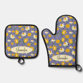 Blume mit Individuelle Name Ofenhandschuh & Topflappen-Set
