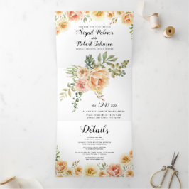 Blume mit Korallen und Pfirsichfarben Hochzeit Dreifach Gefaltete Einladung