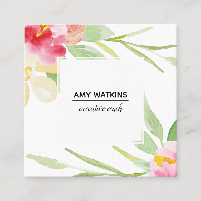Blume mit künstlerisch lackierten Wasserfarben wei Quadratische Visitenkarte (Vorderseite)