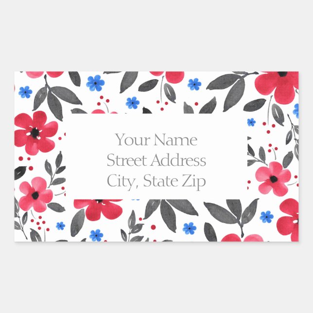 Blume mit Rot, Blau, Grau Rechteckiger Aufkleber (Vorderseite)