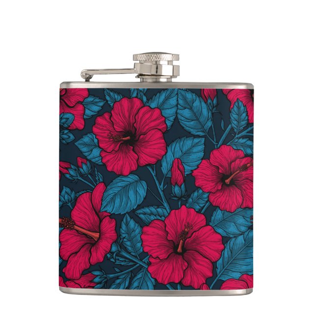 Blume mit rotem Hibiskus Flachmann (Vorderseite)