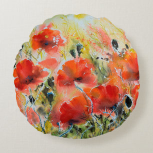 Blume mit rotem Mohn mit Wasserfarbe. Blume Rundes Kissen