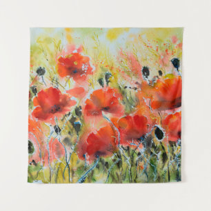 Blume mit rotem Mohn mit Wasserfarbe. Blume Wandteppich