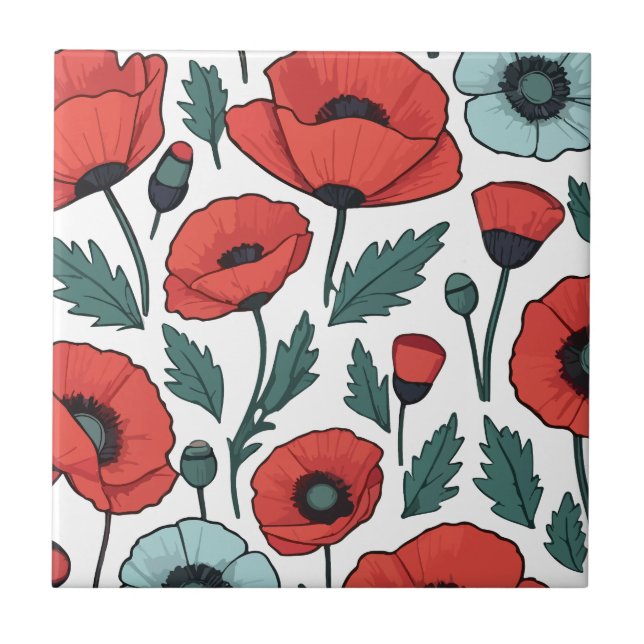 Blume mit rotem Mohnblumen Fliese (Vorderseite)