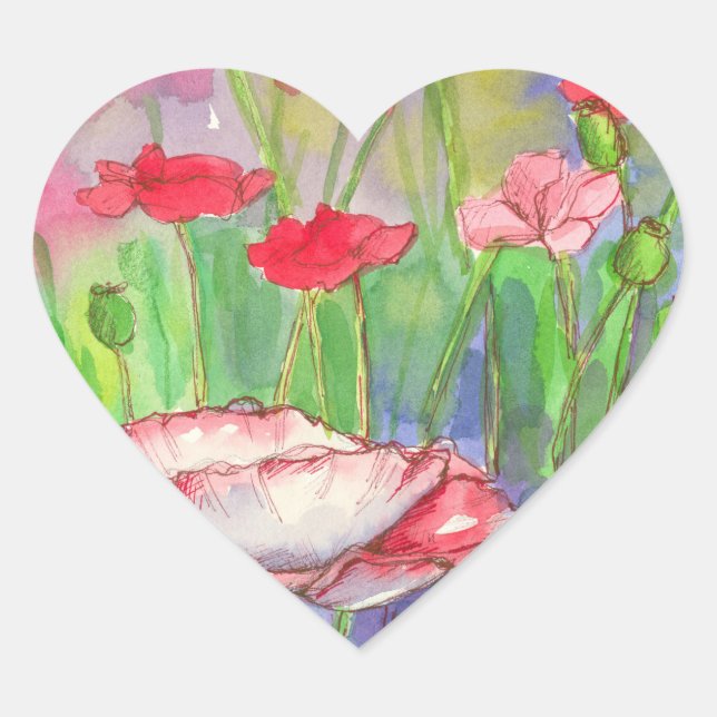 Blume mit rotem Wasserfarbe Herz-Aufkleber (Vorderseite)