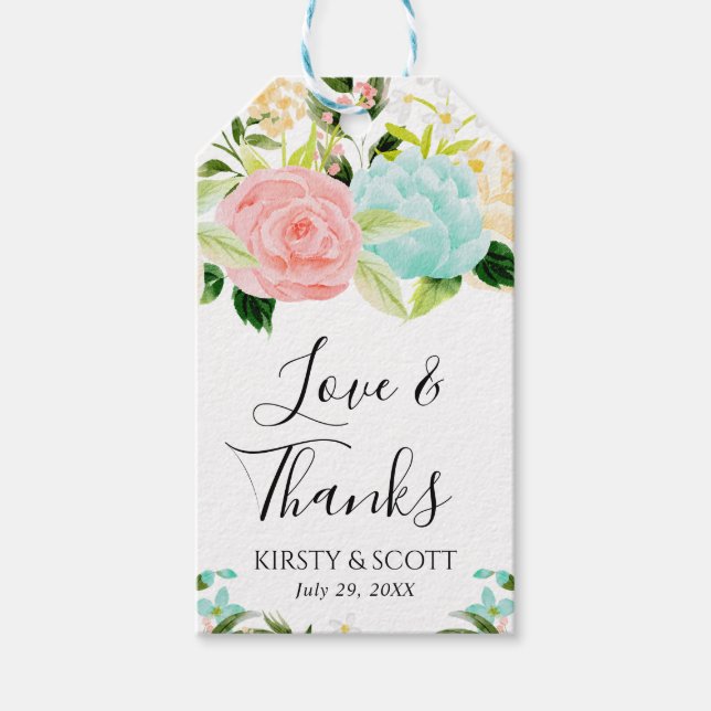 Blume mit Wasserfarbe Rosa und Minze Hochzeit Geschenkanhänger (Vorderseite)