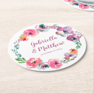 Blume mit Wasserfarben Moderne Elegante Hochzeit Runder Pappuntersetzer