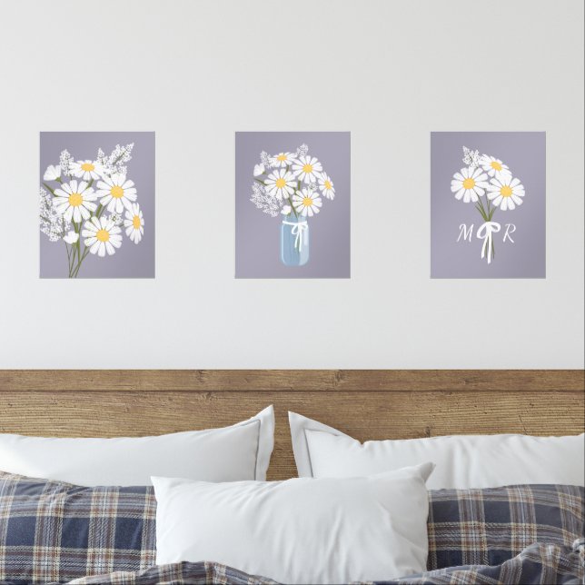 Blume mit weißem Daisy Monogramm Lavendel Set 3 (Schlafzimmer)