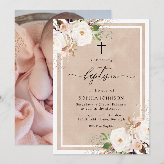 Blume mit weißer Hautfarbe Baby Girl Foto Taufe Einladung (Vorne/Hinten)