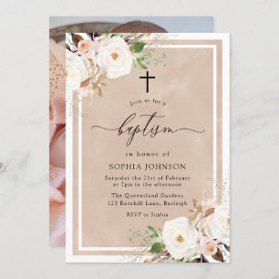 Blume mit weißer Hautfarbe Baby Girl Foto Taufe Einladung