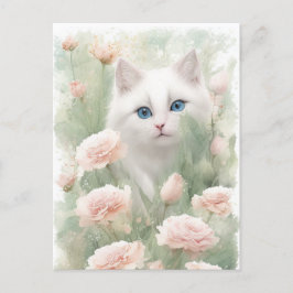 Blume mit weißer Katze und rosa Postkarte