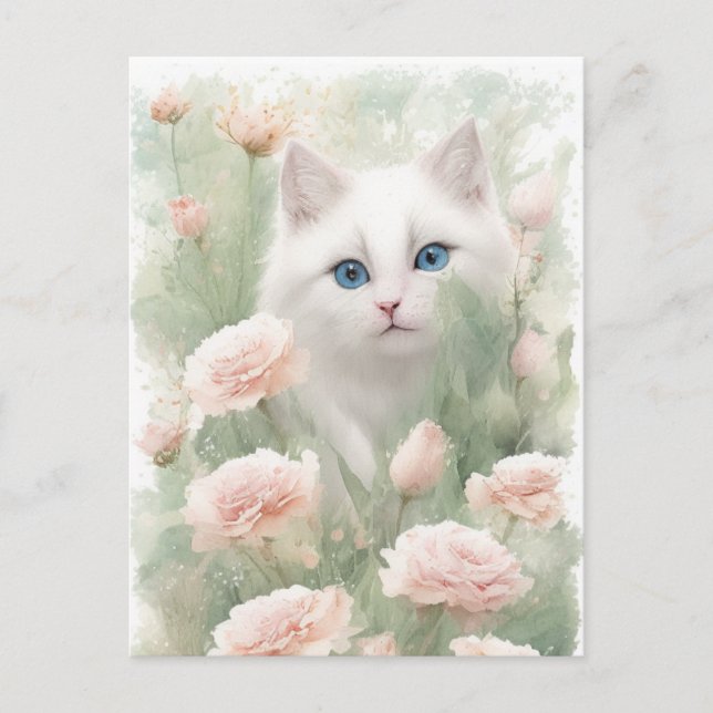 Blume mit weißer Katze und rosa Postkarte (Vorderseite)