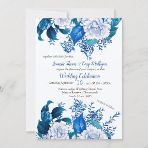 Blume mit weißer Rose auf blauem Musterpapier Einladung