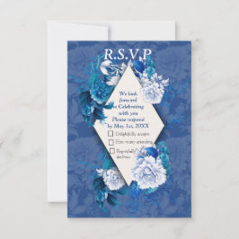 Blume mit weißer Rose auf blauem Musterpapier RSVP Karte