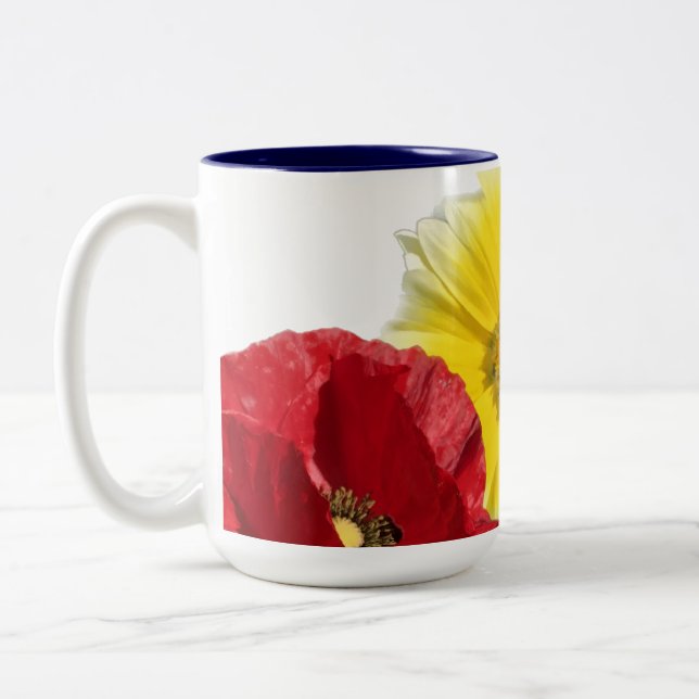 Blume, Mohn, Maisblume - blau, gelb Zweifarbige Tasse (Links)