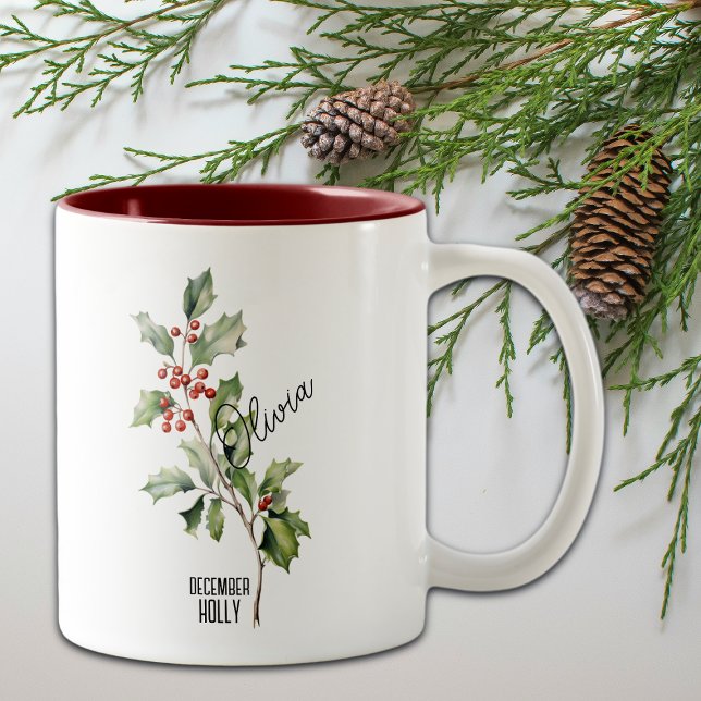 Blume Monat Dezember Holly Name Zweifarbige Tasse (Von Creator hochgeladen)