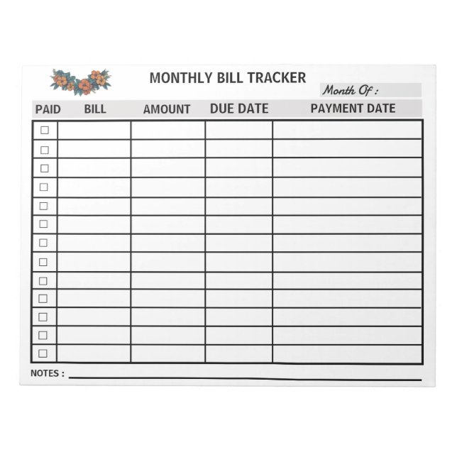 Blume Monatliche Bill Tracker Notepad Personalisie Notizblock (Vorderseite)