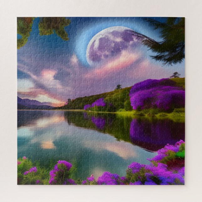 Blume Mond und Seeblick Puzzle (Vertikal)