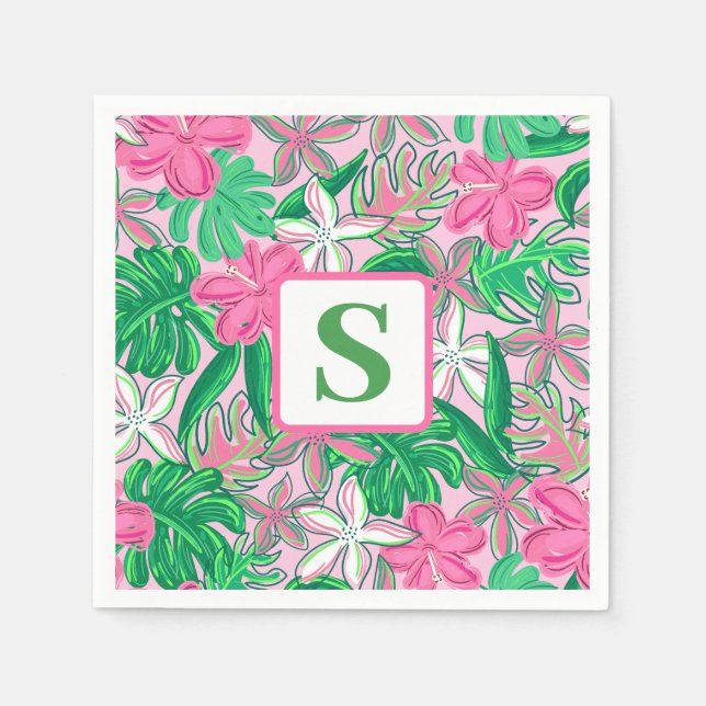 Blume Monogram Pink White Green Preppy Serviette (Vorderseite)