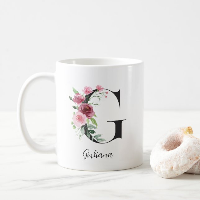 Blume Monogramm G Individuelle Name Kaffeetasse (Mit Donut)