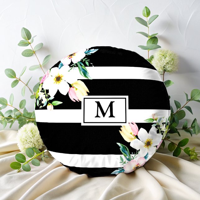 Blume Monogramm Schwarz-weiß gestrichen Rundes Kissen (Von Creator hochgeladen)
