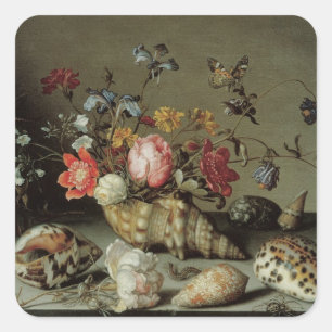 Blume, Muscheln und Insekten Balthasar van der Ast Quadratischer Aufkleber