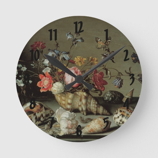 Blume, Muscheln und Insekten Balthasar van der Ast Runde Wanduhr (Vorderseite)