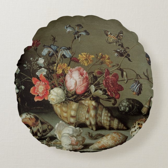 Blume, Muscheln und Insekten Balthasar van der Ast Rundes Kissen (Vorderseite)