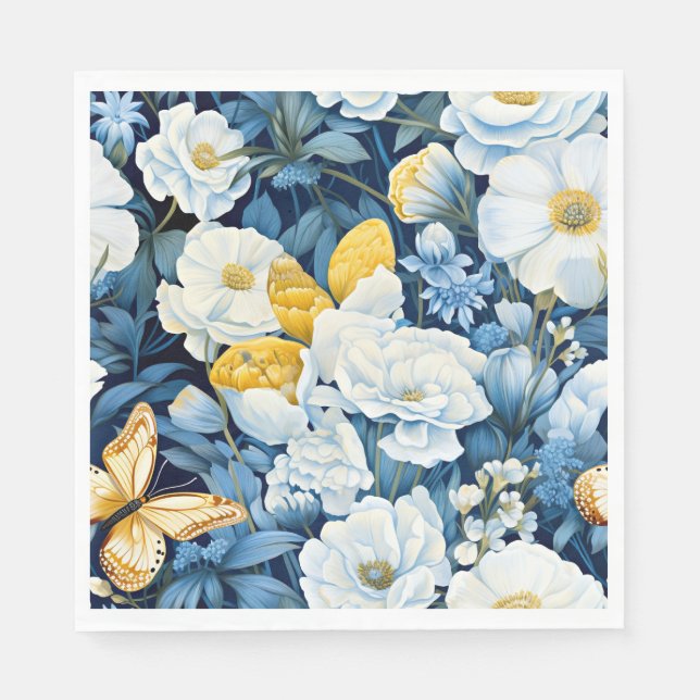 Blume Muster, blau, weiß, goldgelb, Serviette (Vorderseite)