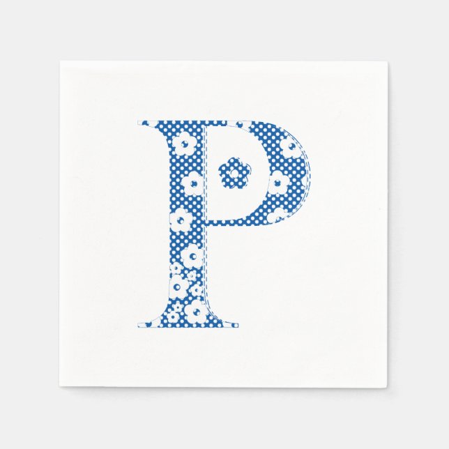 Blume Muster Buchstabe P (blau) Serviette (Vorderseite)