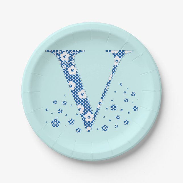 Blume Muster Buchstabe V (blau) Pappteller (Vorderseite)