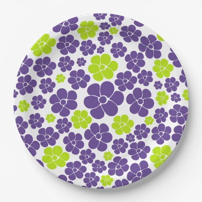 Blume Muster in Lime Green und Lila Pappteller (Vorderseite)