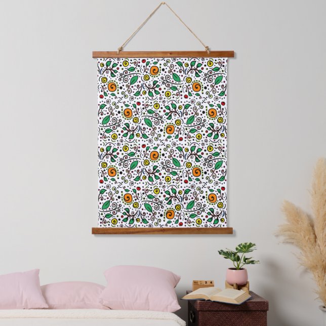 Blume Muster orange Swirt Berry auf Weiß - Wandteppich Mit Holzrahmen (Schlafzimmer)