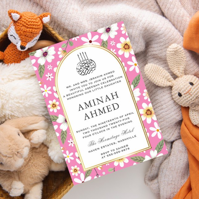 Blume Muster Pink Islamische Aqiqa Aqeeqa Baby Einladung (Von Creator hochgeladen)