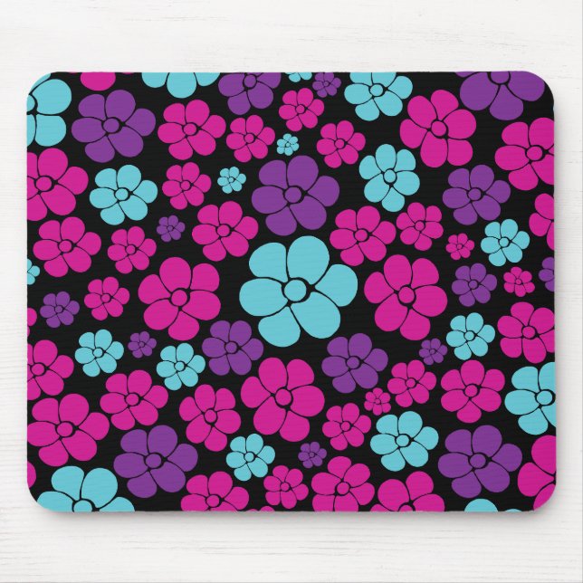 Blume Muster - Rosa, Lila, Blau und Schwarz Mousepad (Vorne)