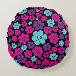 Blume Muster - Rosa, Lila, Blau und Schwarz Rundes Kissen