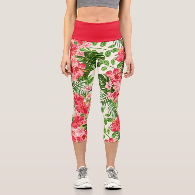 Blume-Muster Roter Hibiskus Hochwaisted Capris (Vorderseite)